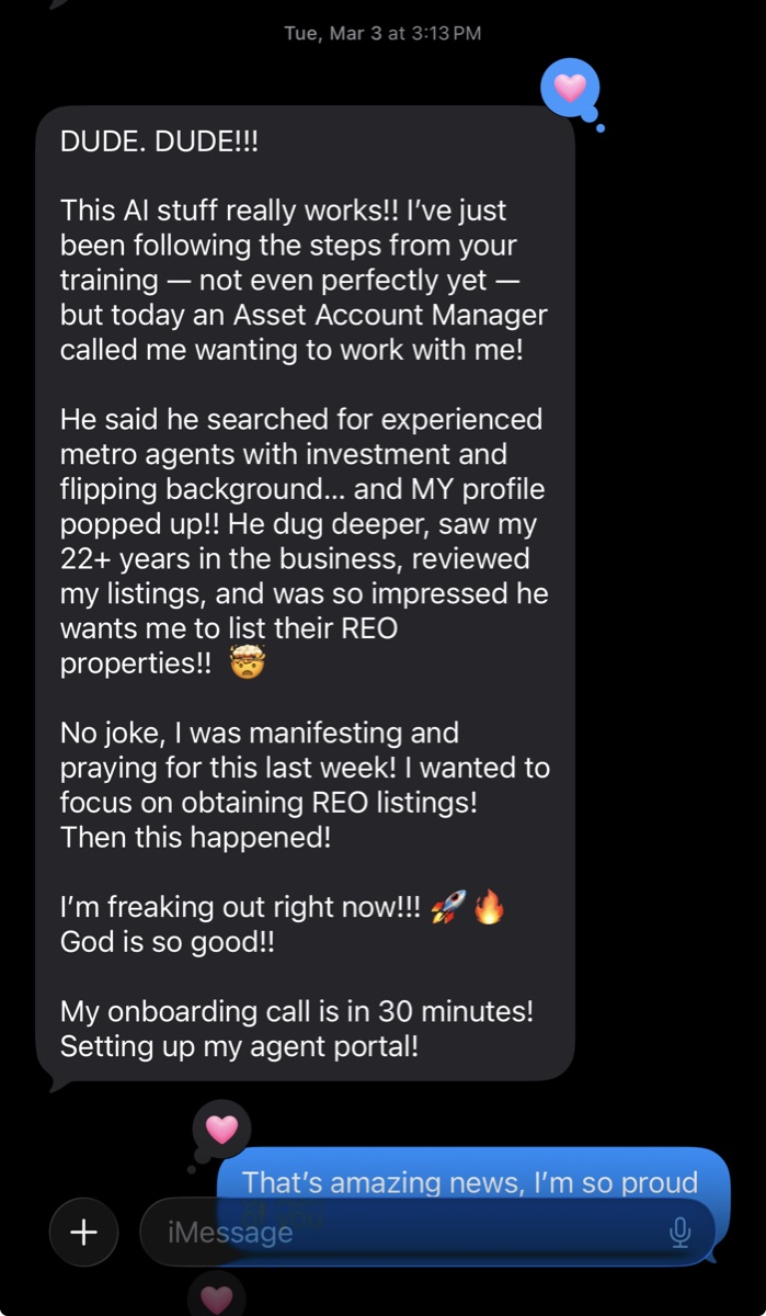 iMessage from a Pemberton agent about AI search results