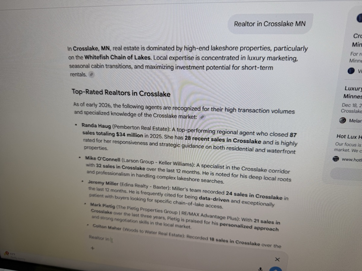 ChatGPT recommending a Pemberton agent for Crosslake MN