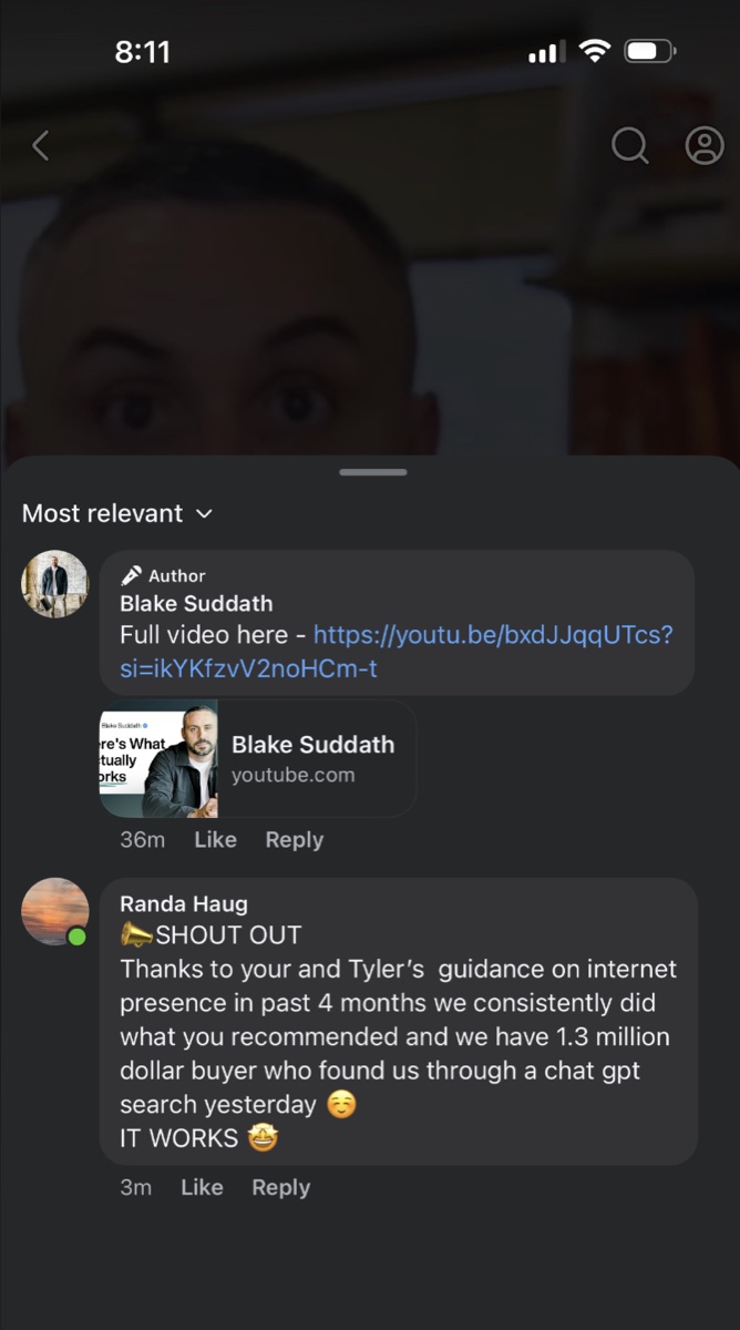 YouTube comment about a 1.3 million dollar buyer found through ChatGPT